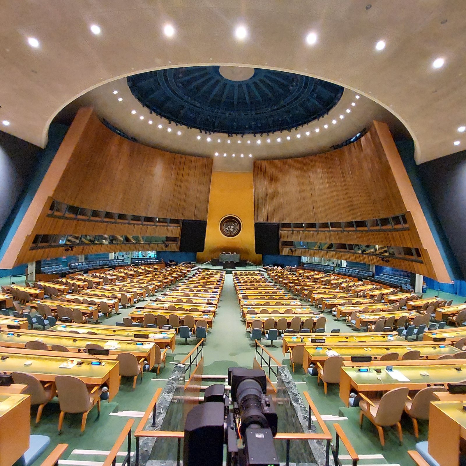 The United Nations General Assembly hall in New York City